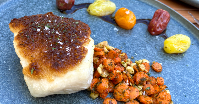Parmesan-Crusted Halibut with Hazelnut Carrots