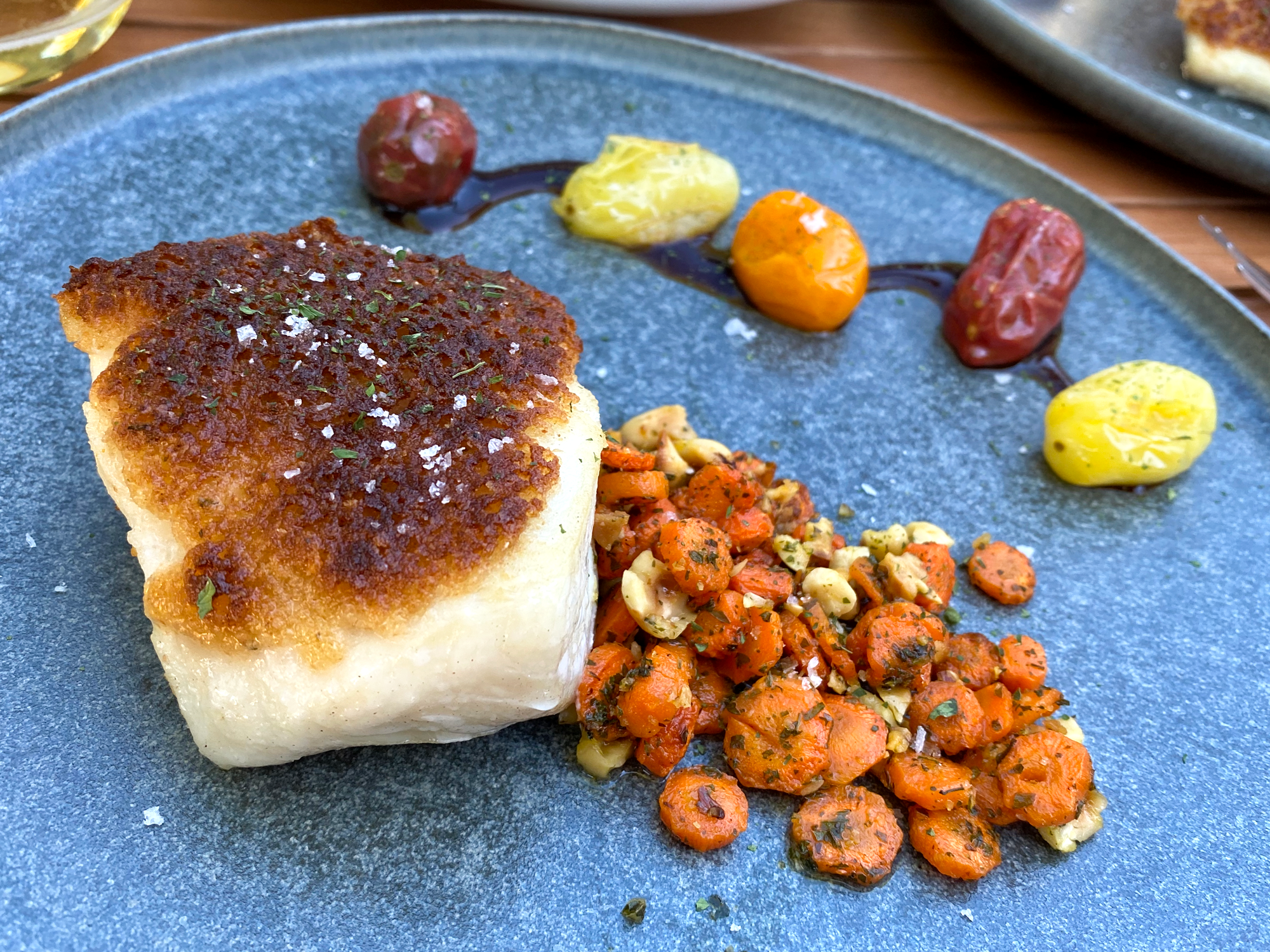Parmesan-Crusted Halibut with Hazelnut Carrots