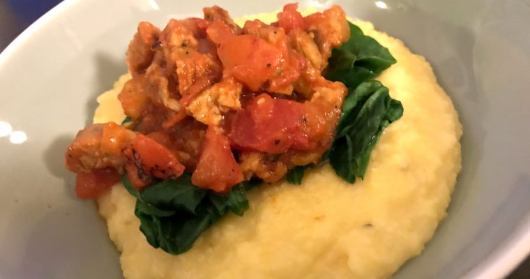 Creamy Polenta with Spinach, Sausage, and Roasted Tomatoes